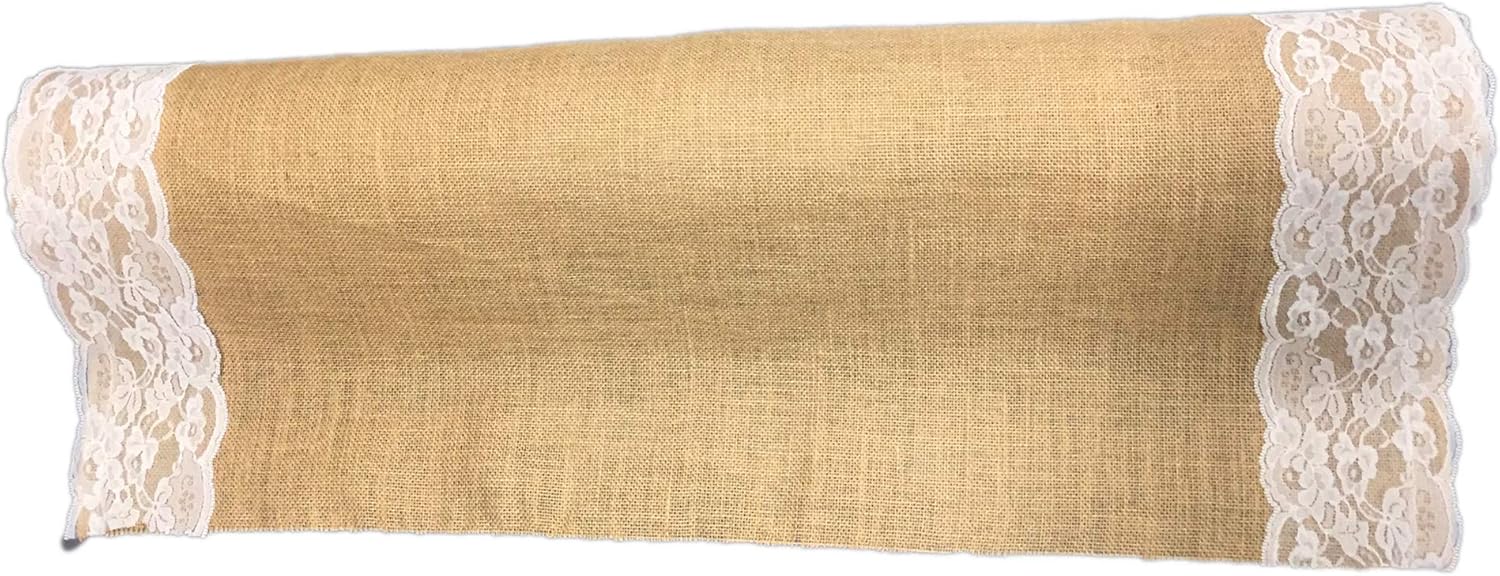 AAYU Premium Burlap Aisle Runner 40x20ft with Ivory Lace Edges