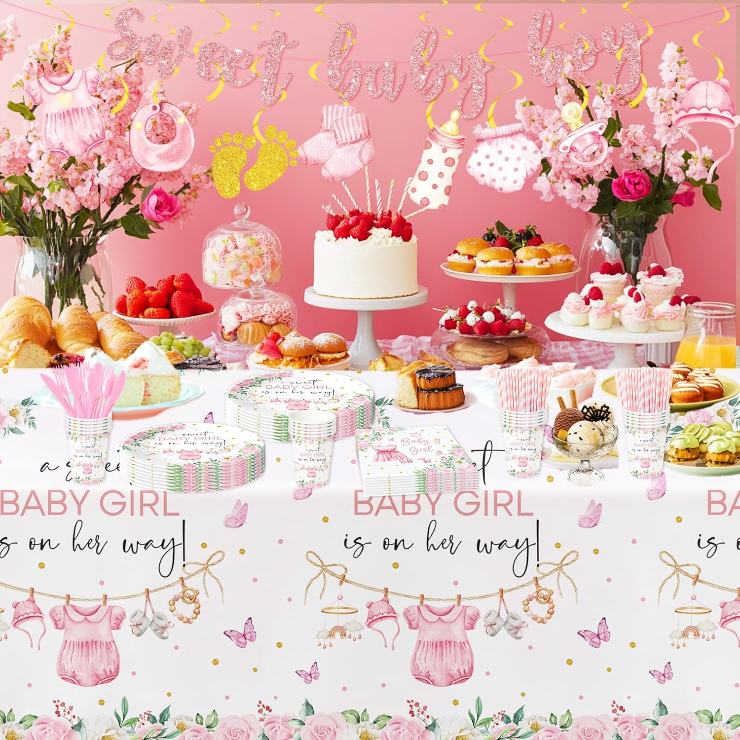 Pink Baby Girl Shower Tablecloth Set 3 Pack 55x86in