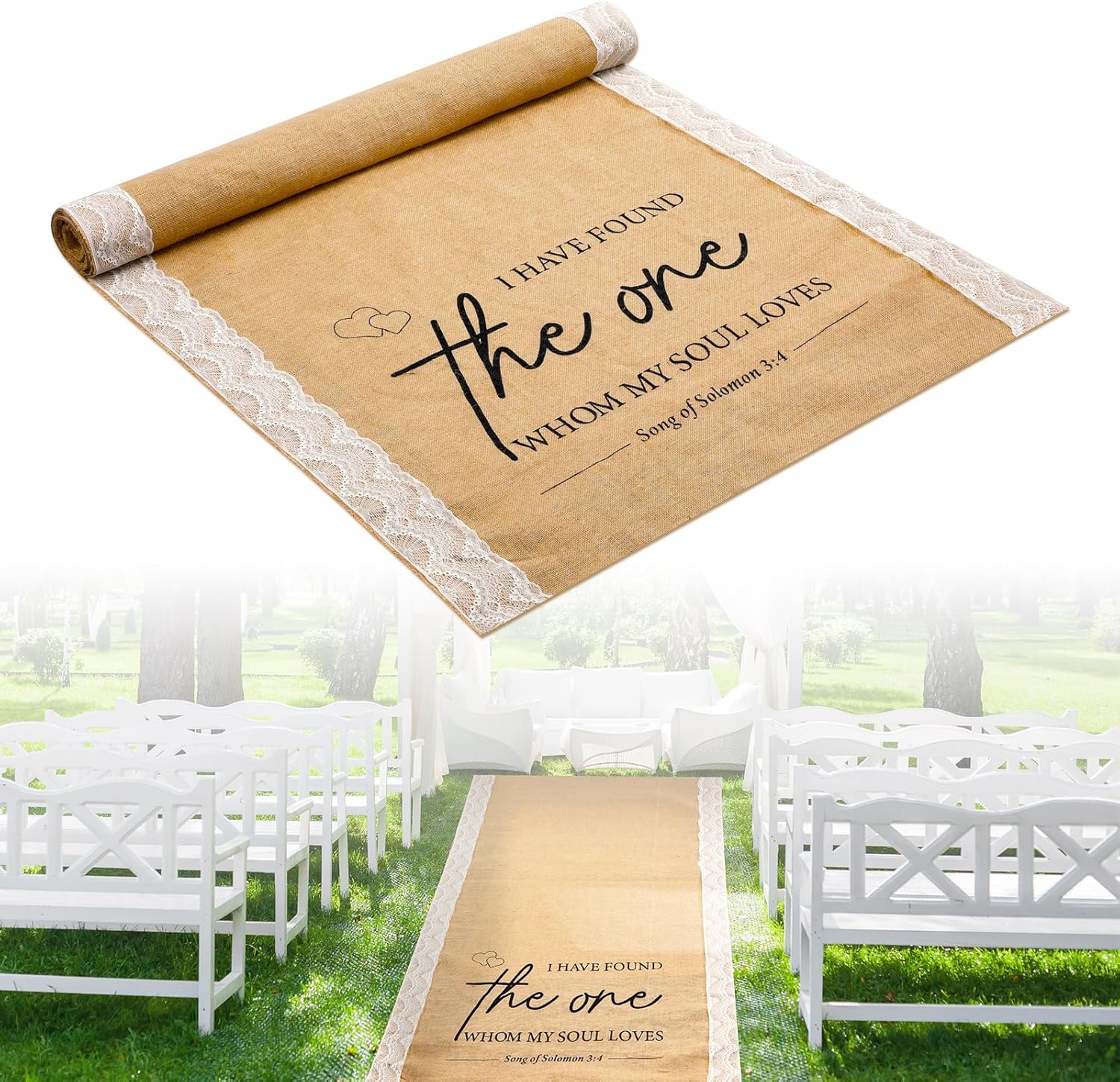 Tondiamo 40 Inch x 30 ft Burlap Wedding Aisle Runner with Lace