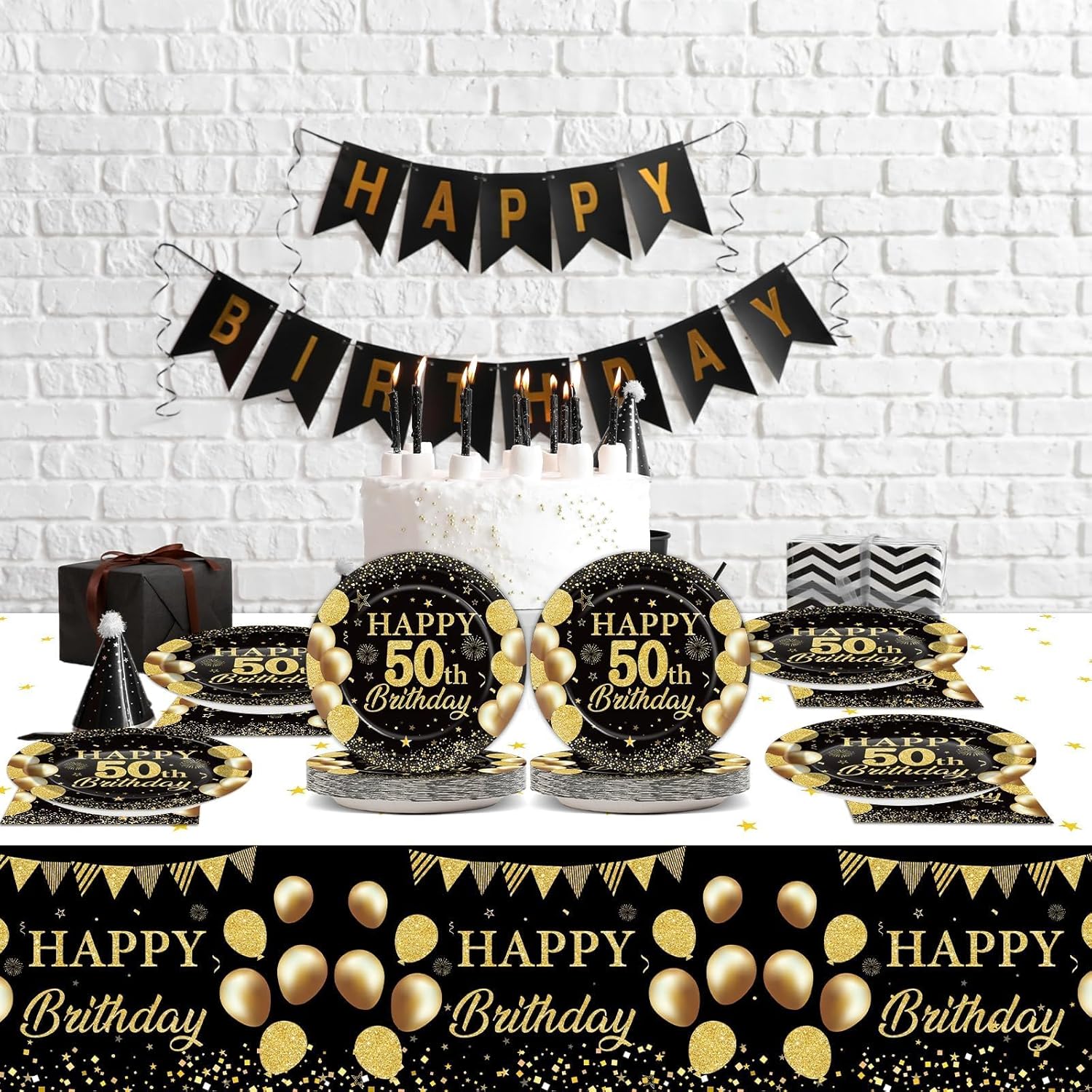 50th Birthday Party Supplies Black Gold Set