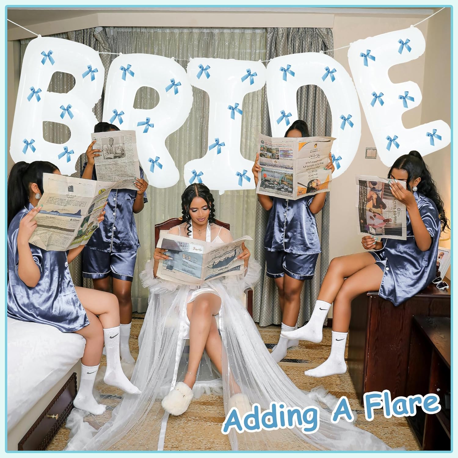 40 Inch White Bride Balloons with 30 Light Blue Bows
