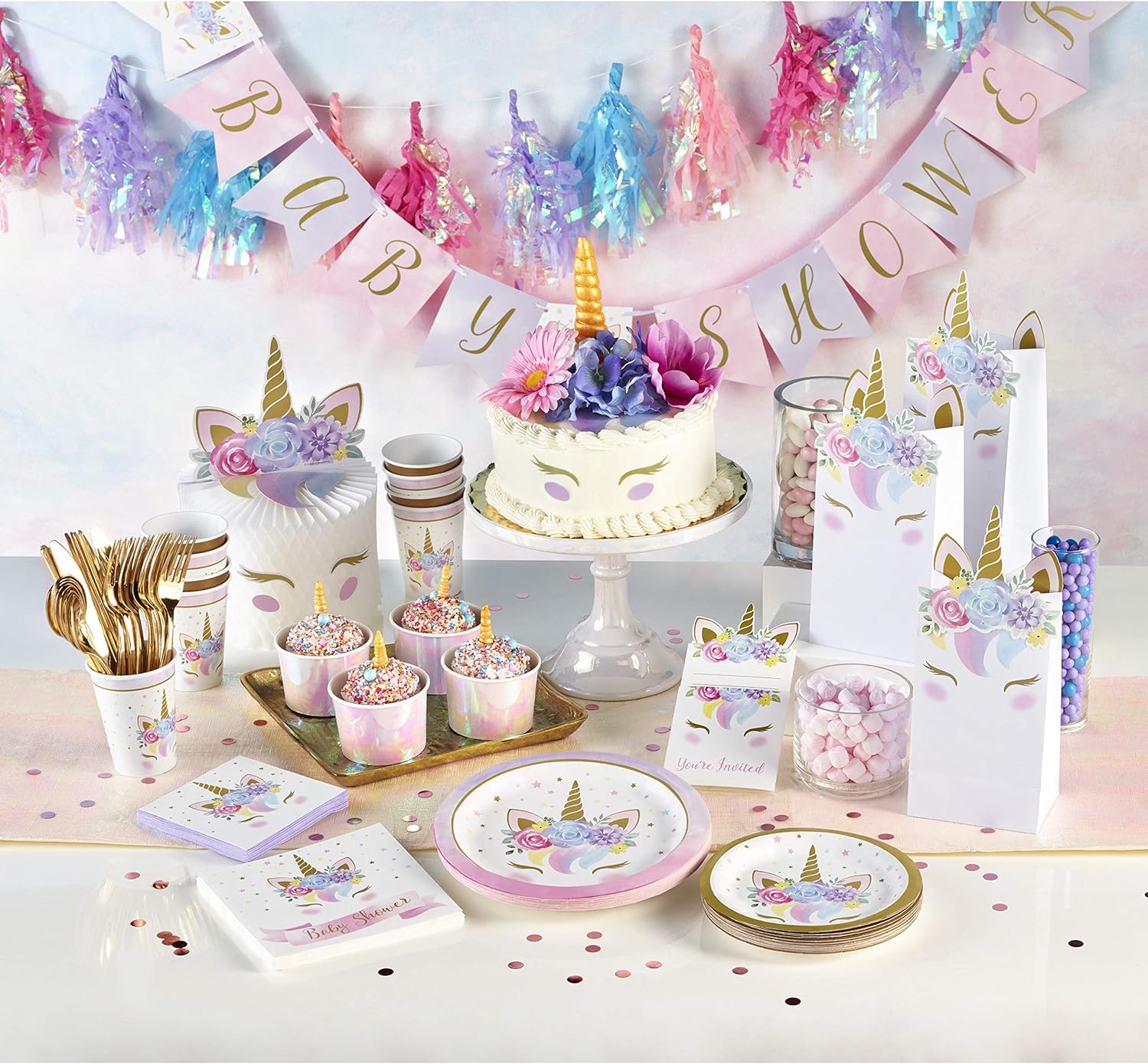 Creative Converting 343962 Unicorn Baby Shower Tablecloth 54x102