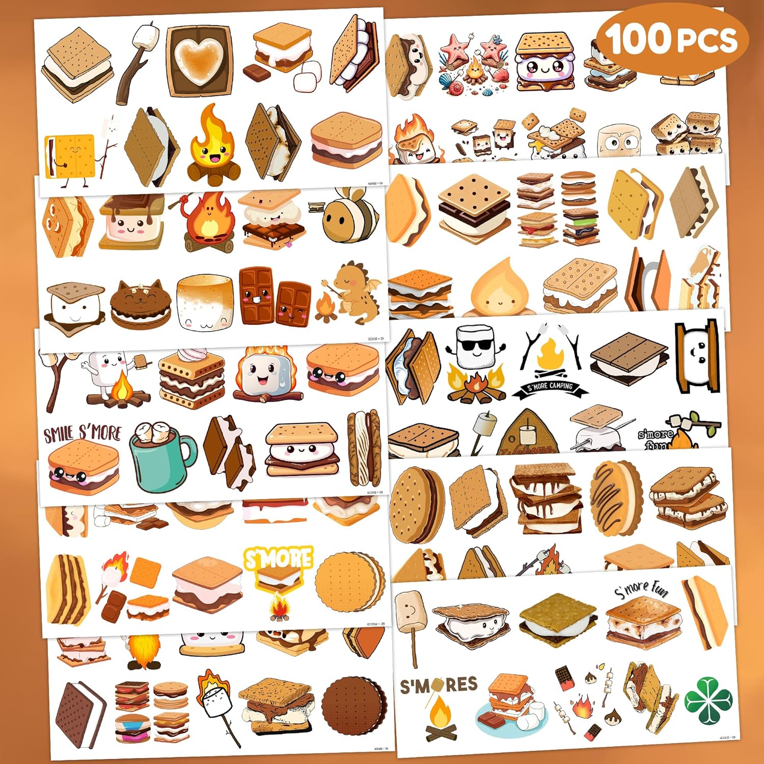 100 PCS Smores Temporary Tattoos for Kids and Adults