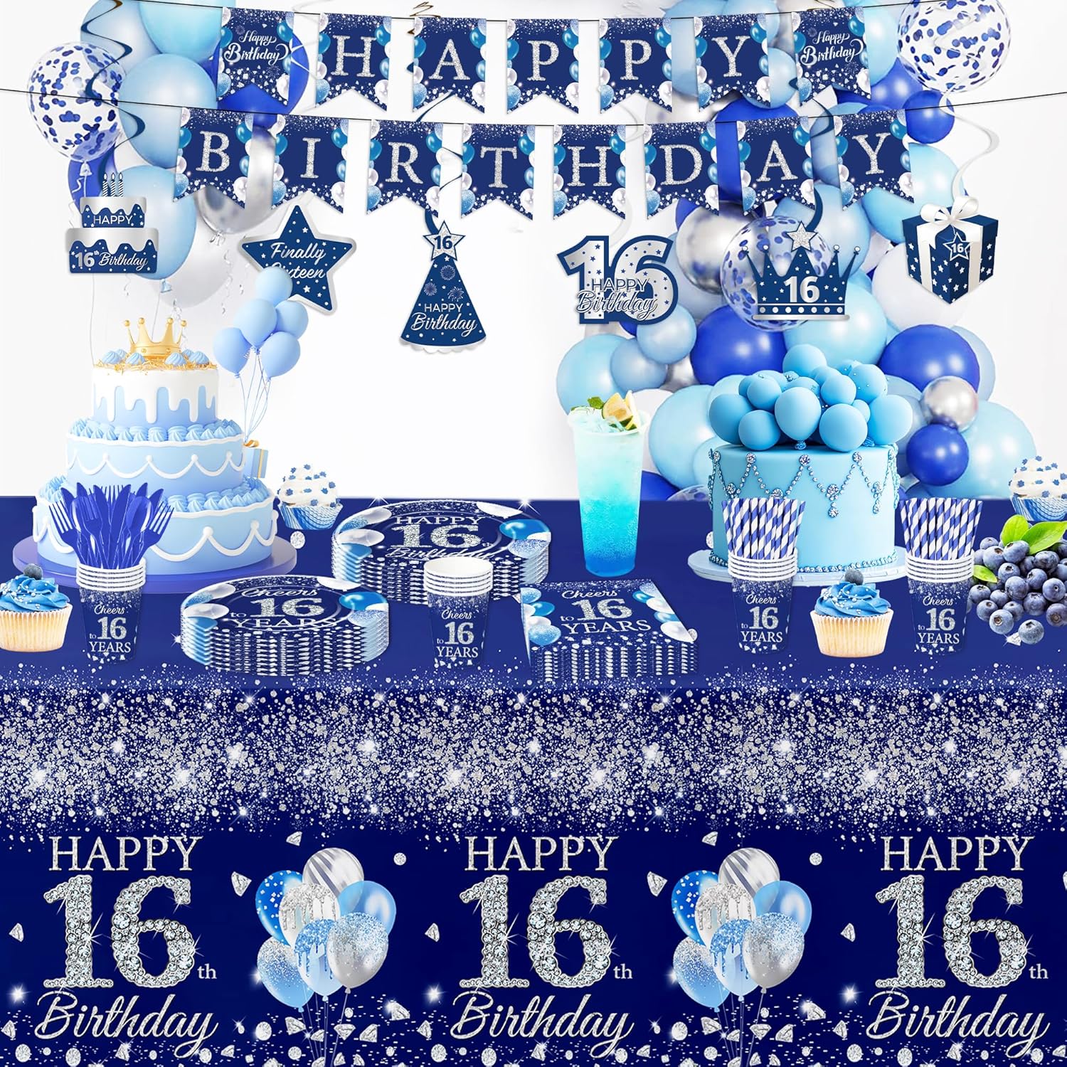 16th Birthday Tablecloth Set 3pcs Silver Blue