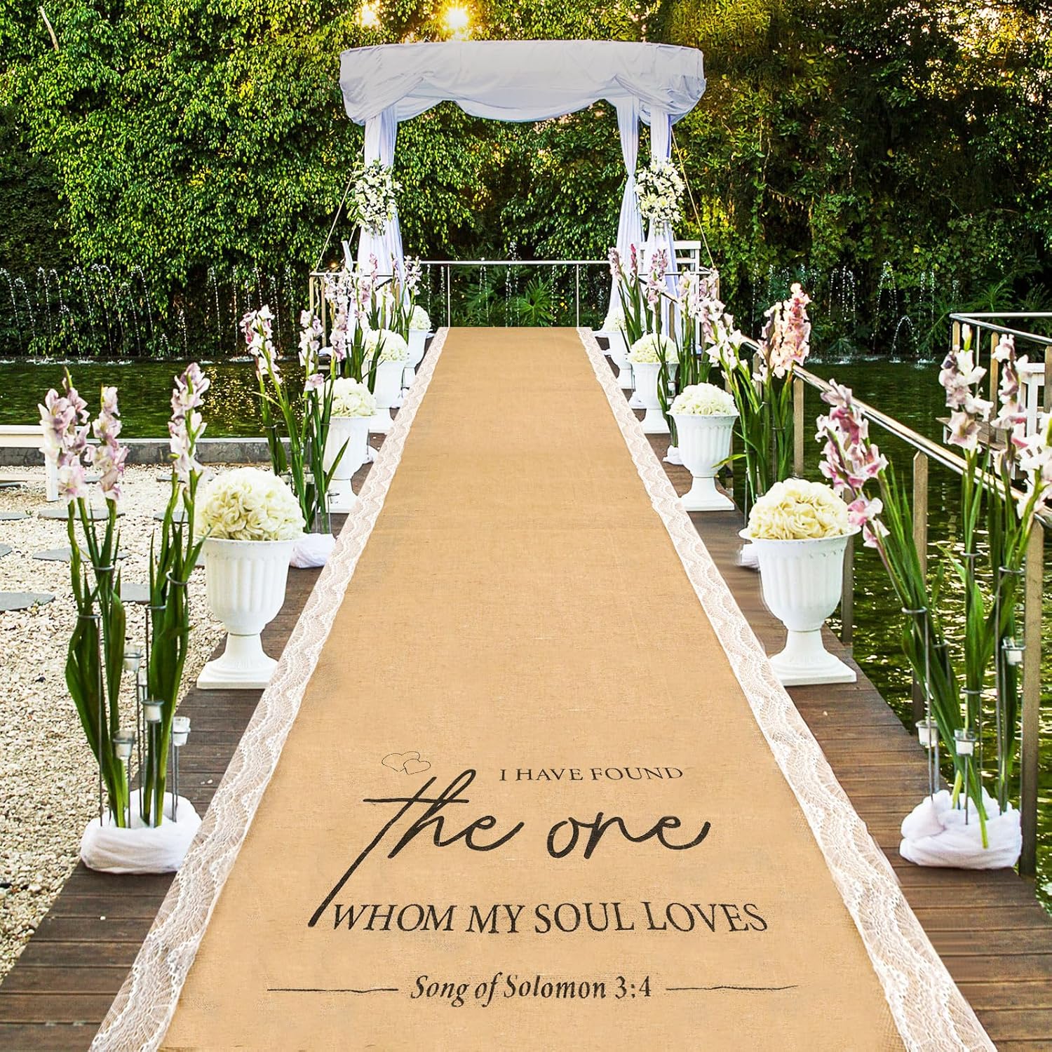Tondiamo 40 Inch x 30 ft Burlap Wedding Aisle Runner with Lace