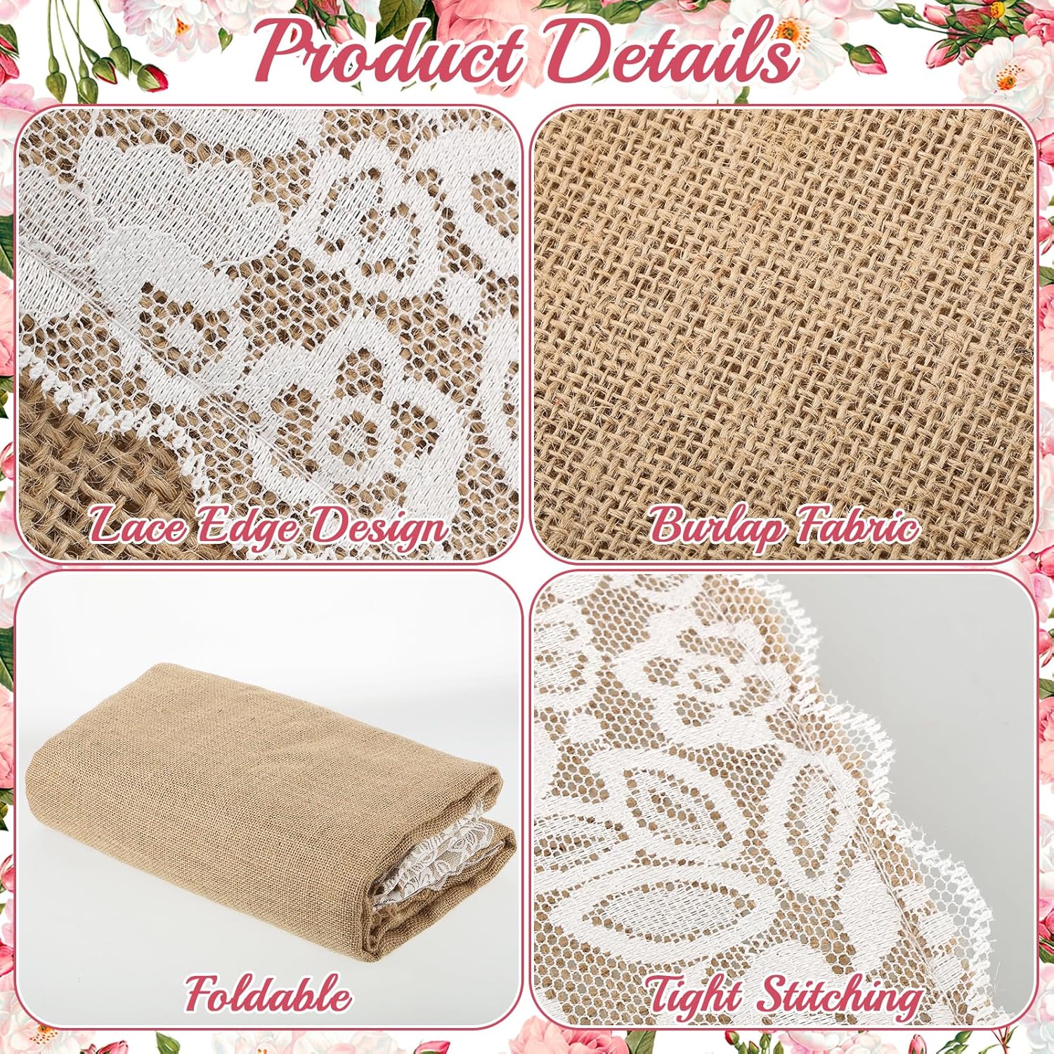 Natural Burlap Wedding Aisle Runner 3FTx20FT with Lace Trim