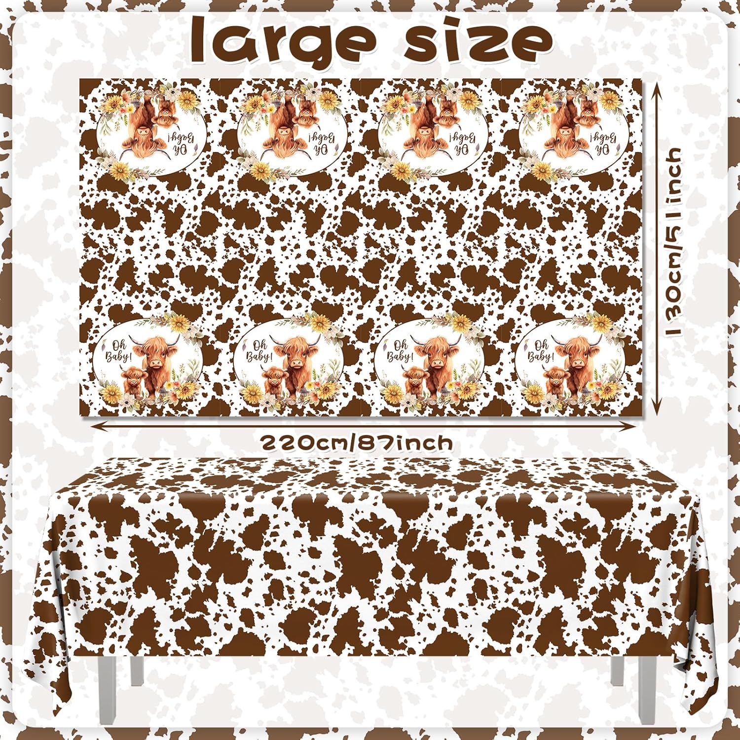 Western Highland Cow Baby Shower Tablecloth 2Pcs 51x866 Inches