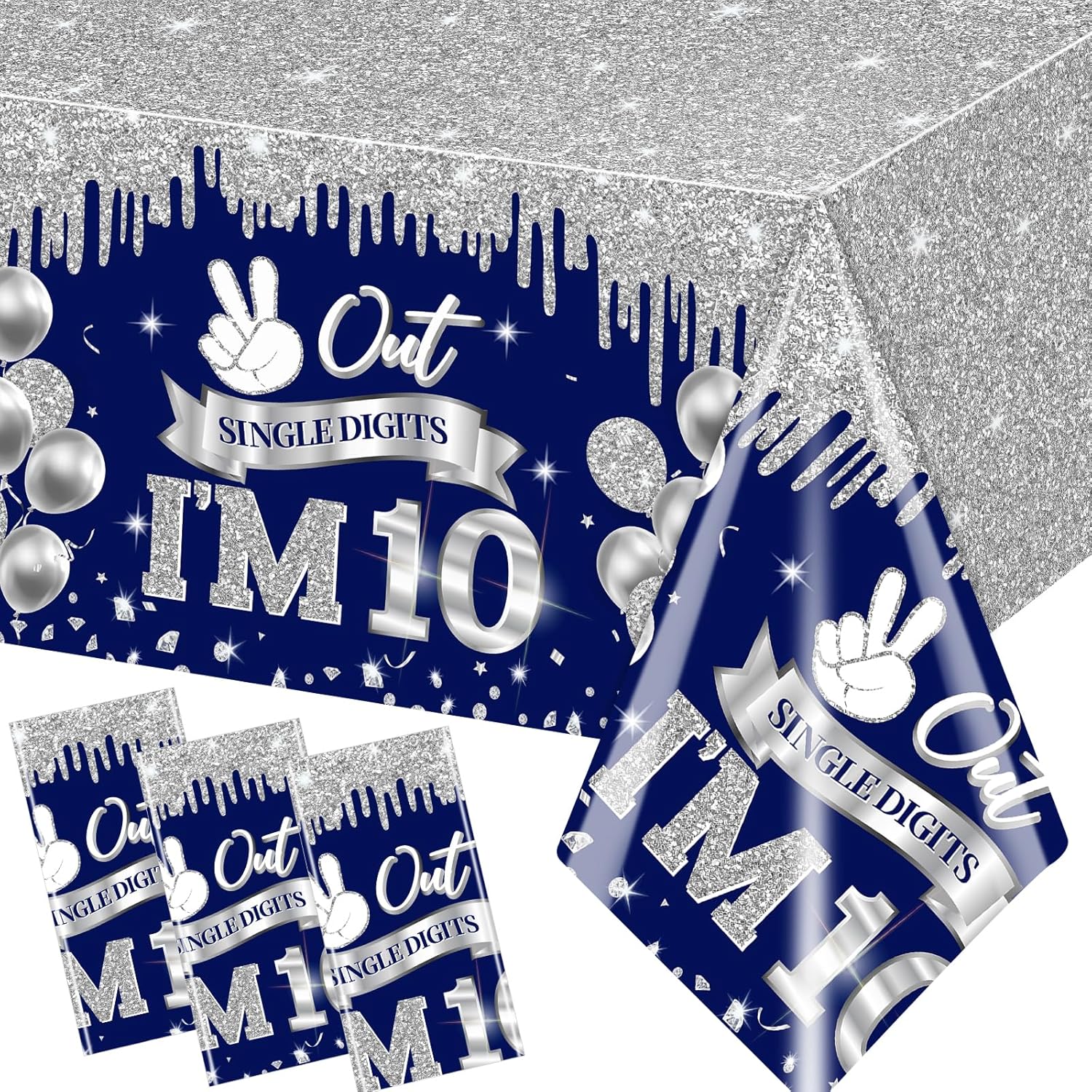 10th Birthday Decorations for Boys 3pcs Blue Silver Tablecloths