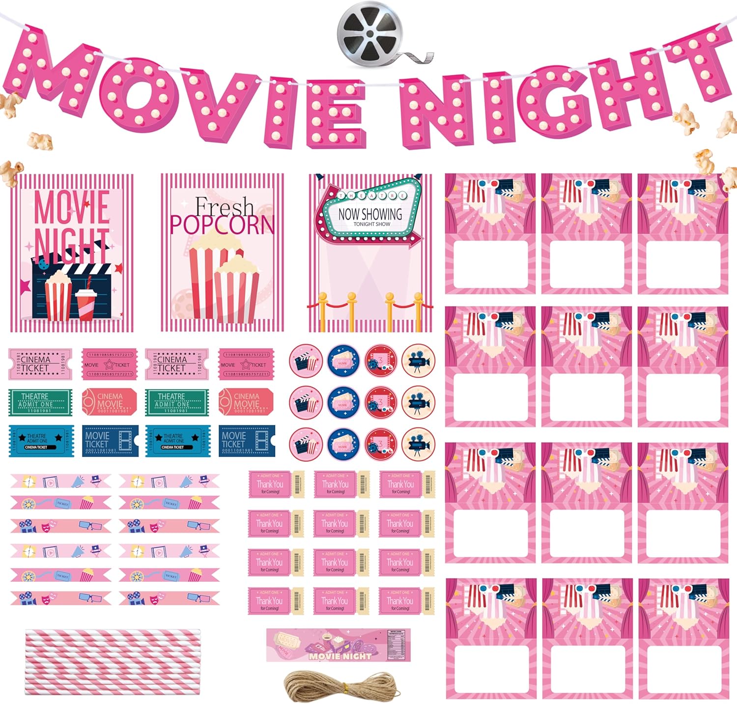 Party Supplies Pink Movie Night Decorations Set