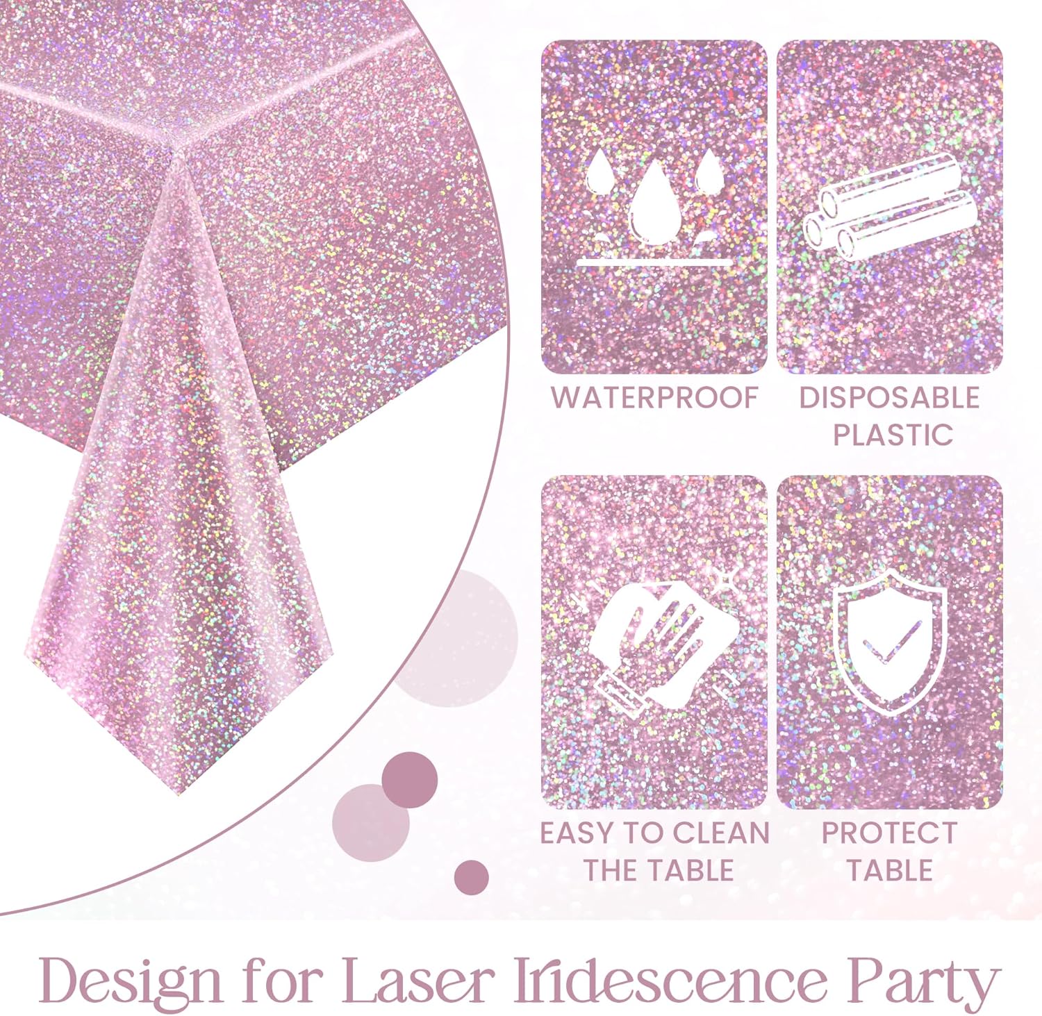 8 pcs Pale Pink Holographic Tablecloths for Birthday Parties and Weddings