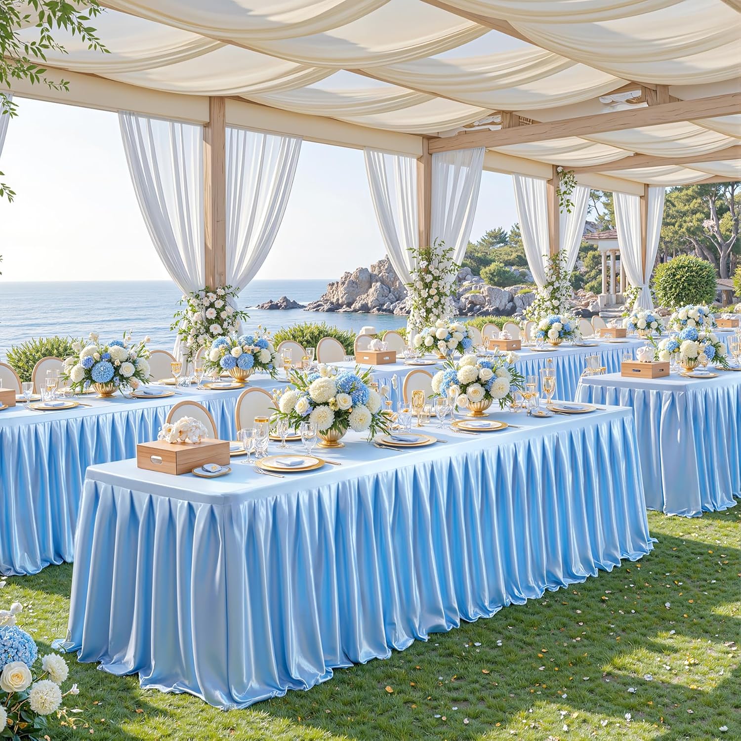 Glitter Blue Tablecloth 8ft Rectangle Table with Ruffles Skirt