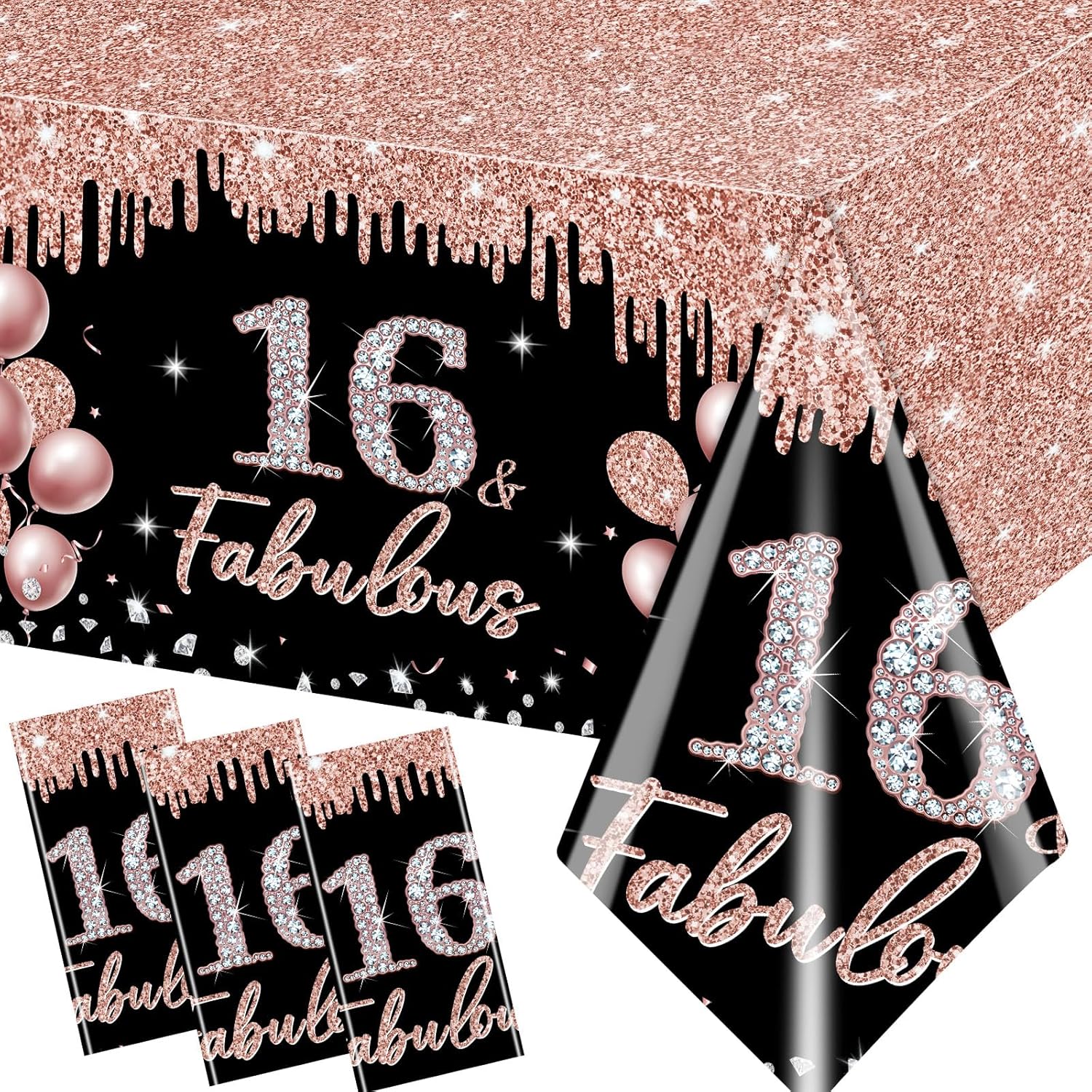16th Birthday Decorations Rose Gold Black Glitter Tablecloths Set 3Pcs