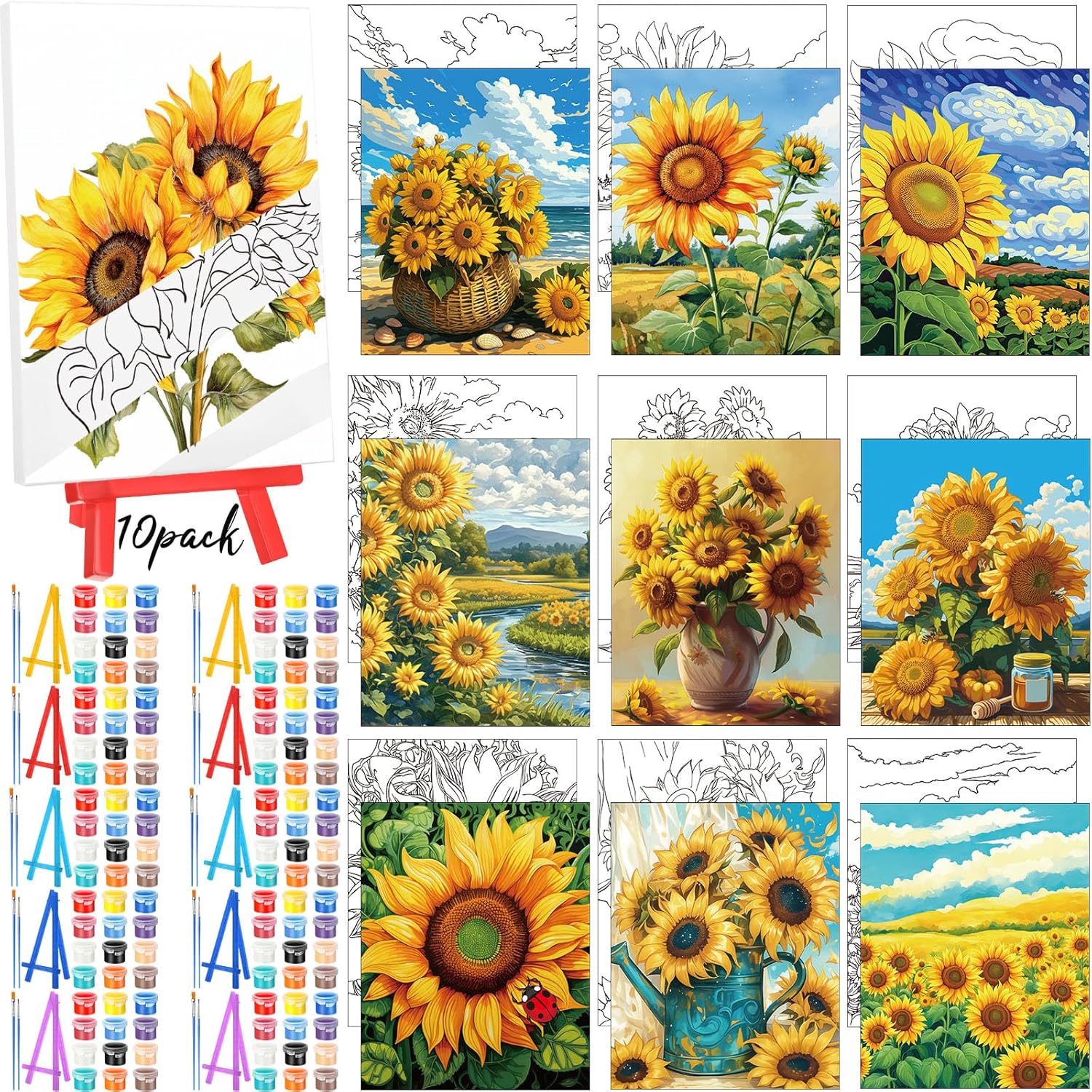 Blosssound 10 Set Pre Printed Canvas Painting with Easel Kit Sunflower
