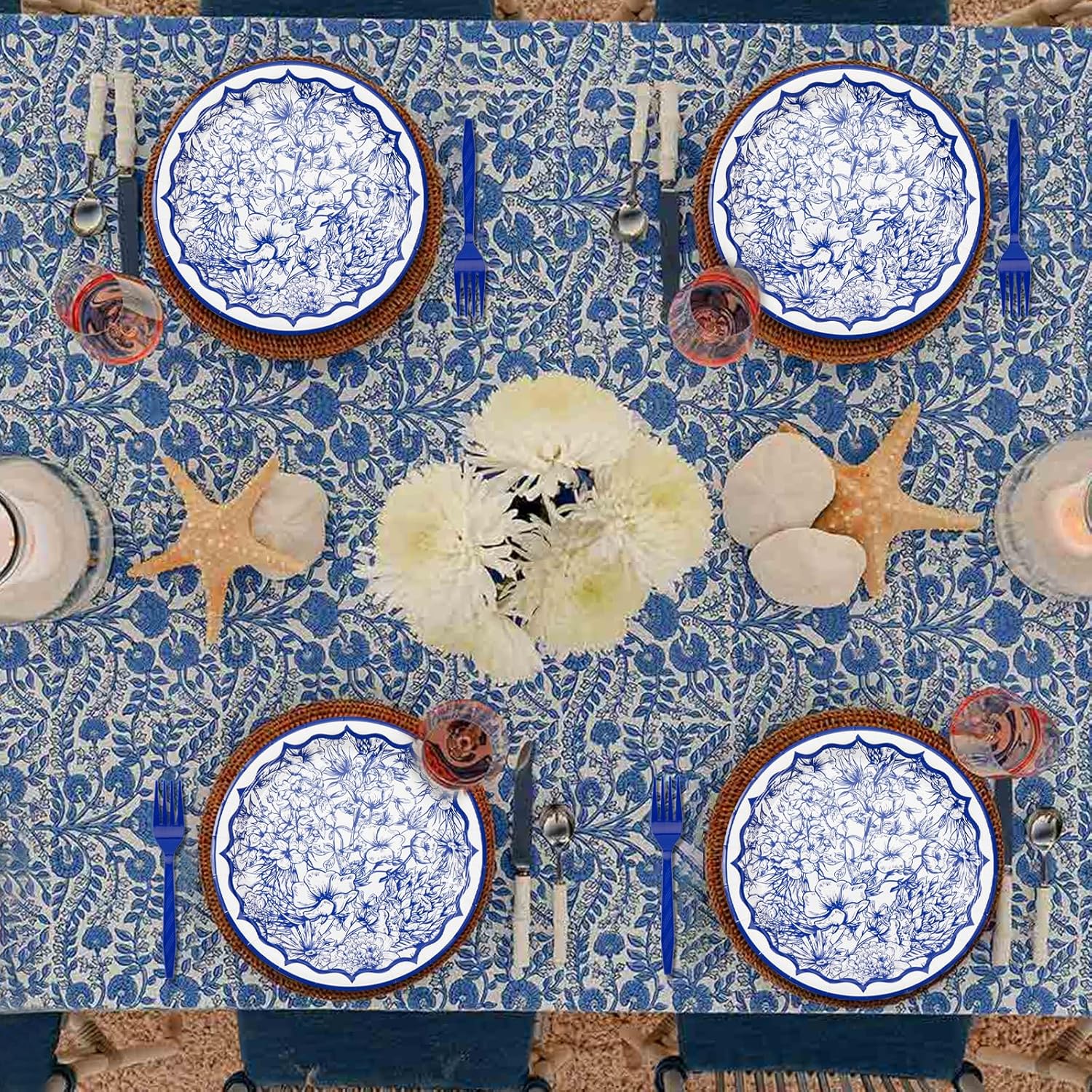 Grencian 96Pcs Blue White Floral Party Tableware Set